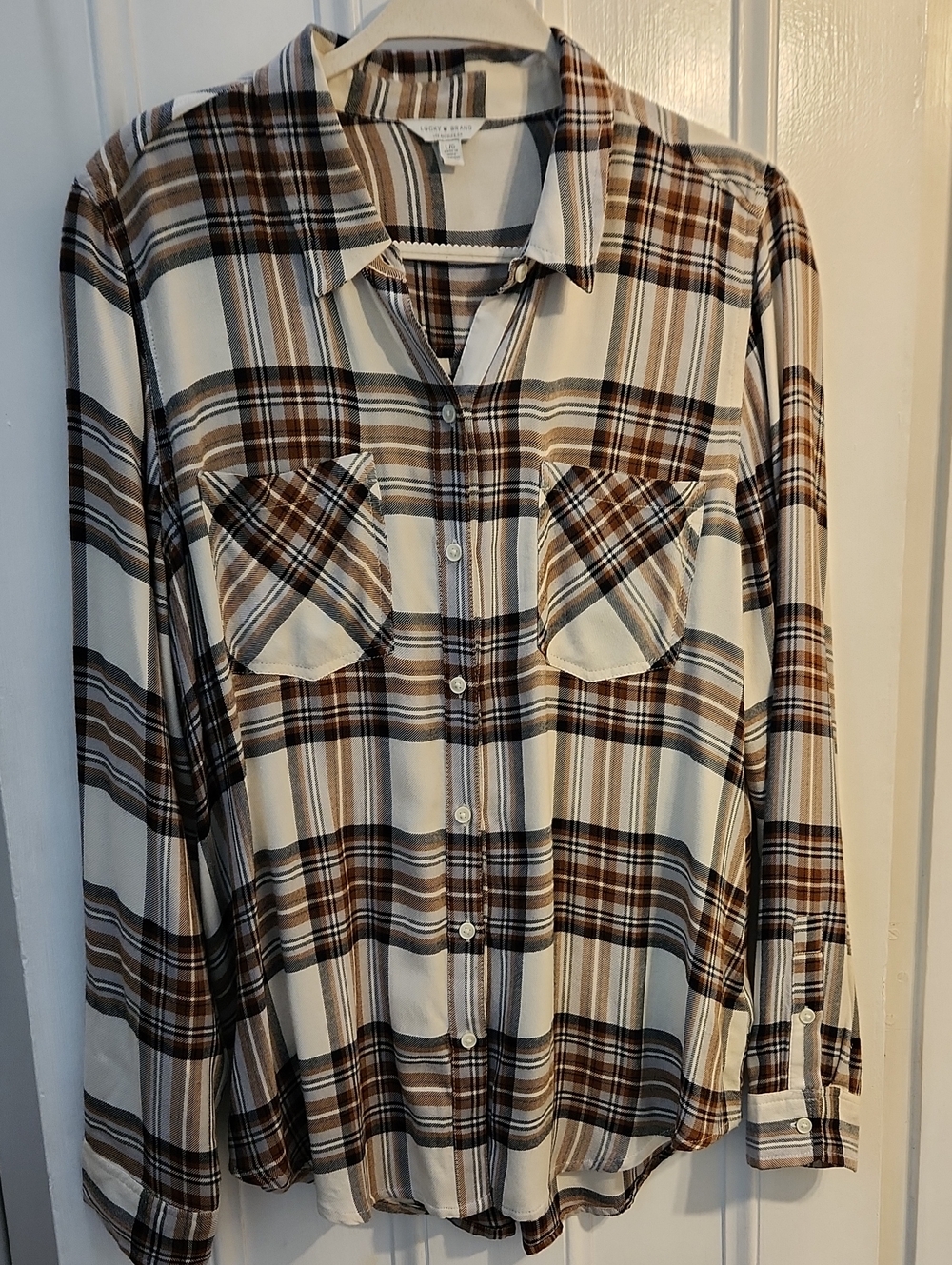 Lucky Brand Cream, Brown & Tan Plaid Button-up Shirt